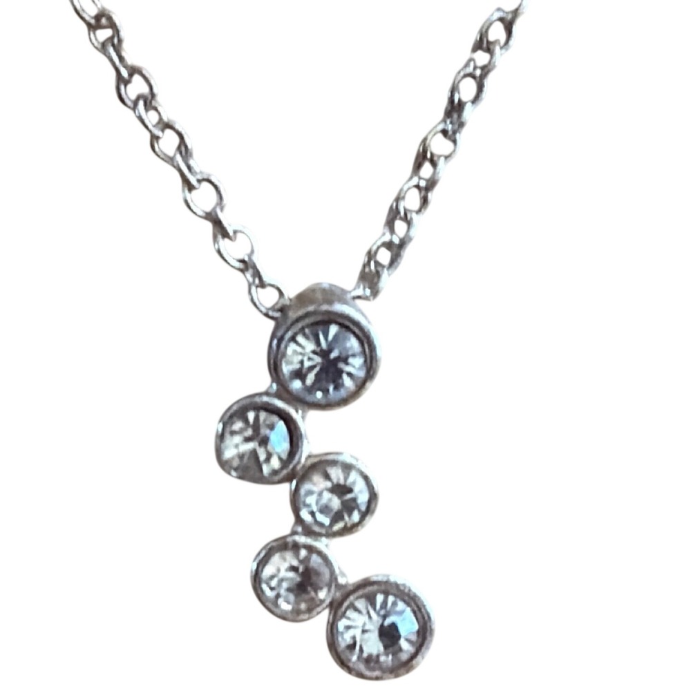 Silver Tone Cascading‎ Clear Crystal Bezel Set Pendant Necklace Elegant Gift
